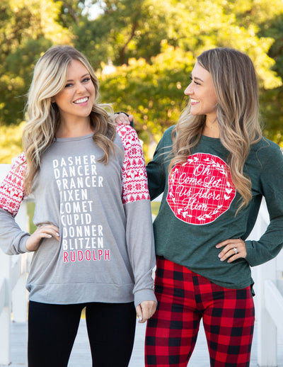 Dasher, Dancer...Rudolph on Grey Longsleeve with Red Winter Print Sleeve Inset