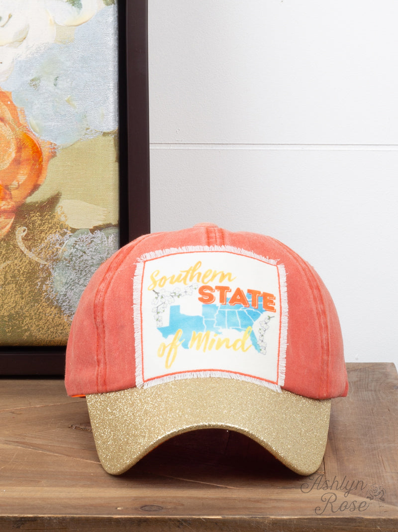 Southern State of Mind Patch on Orange Hat with Gold Glitter Bill