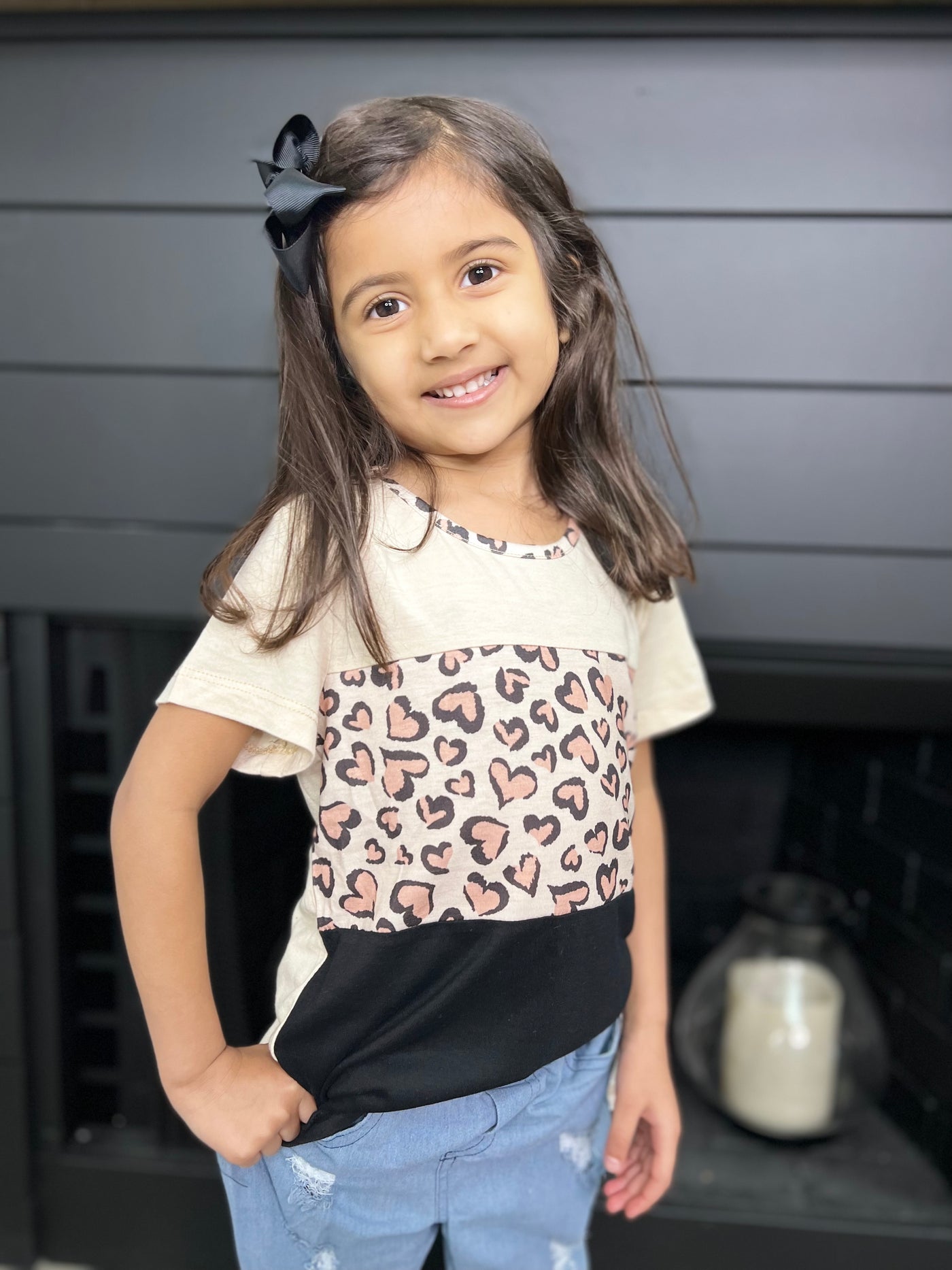 Girls' I Heart You Panel Tee Taupe and Leopard