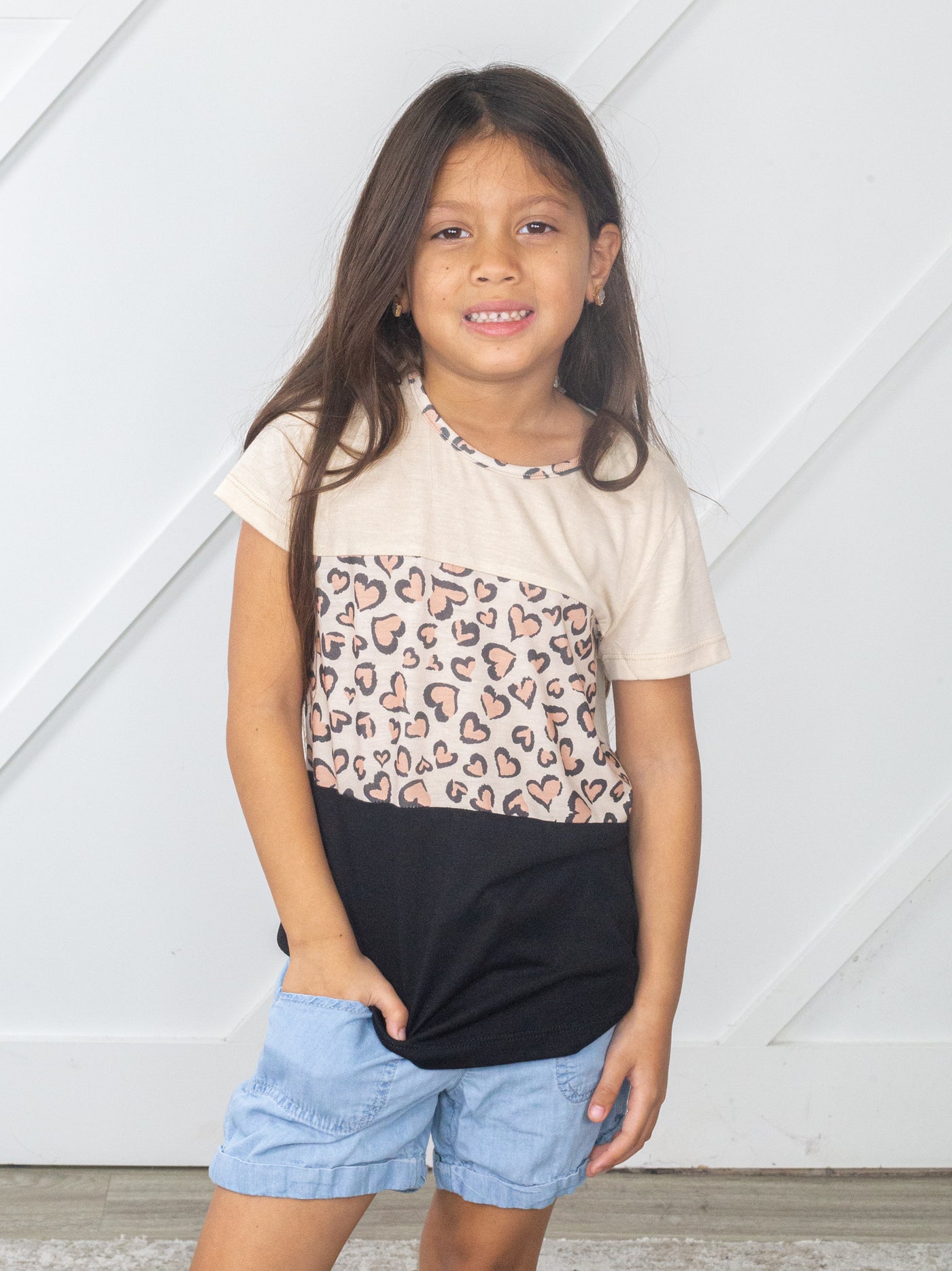 Girls' I Heart You Panel Tee Taupe and Leopard