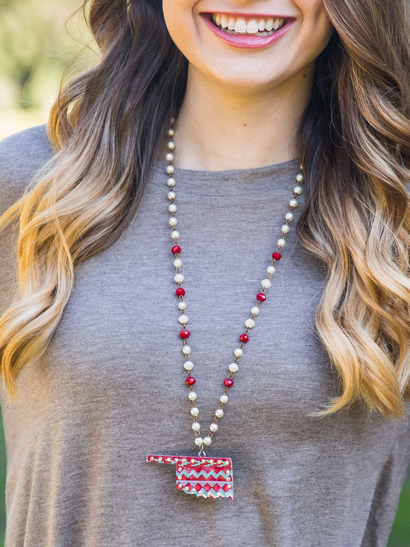 Red Aztec Print Oklahoma Necklace with AB Crystals