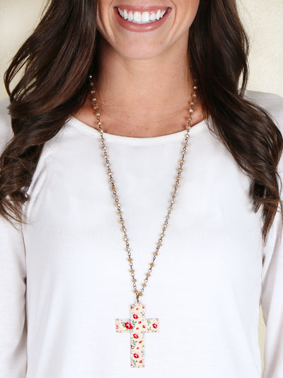 Beige Floral Cross Necklace with AB Crystals