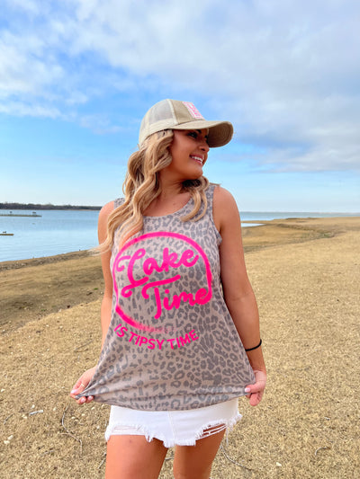 Lake Time is Tipsy Time on Vintage Leopard Tank