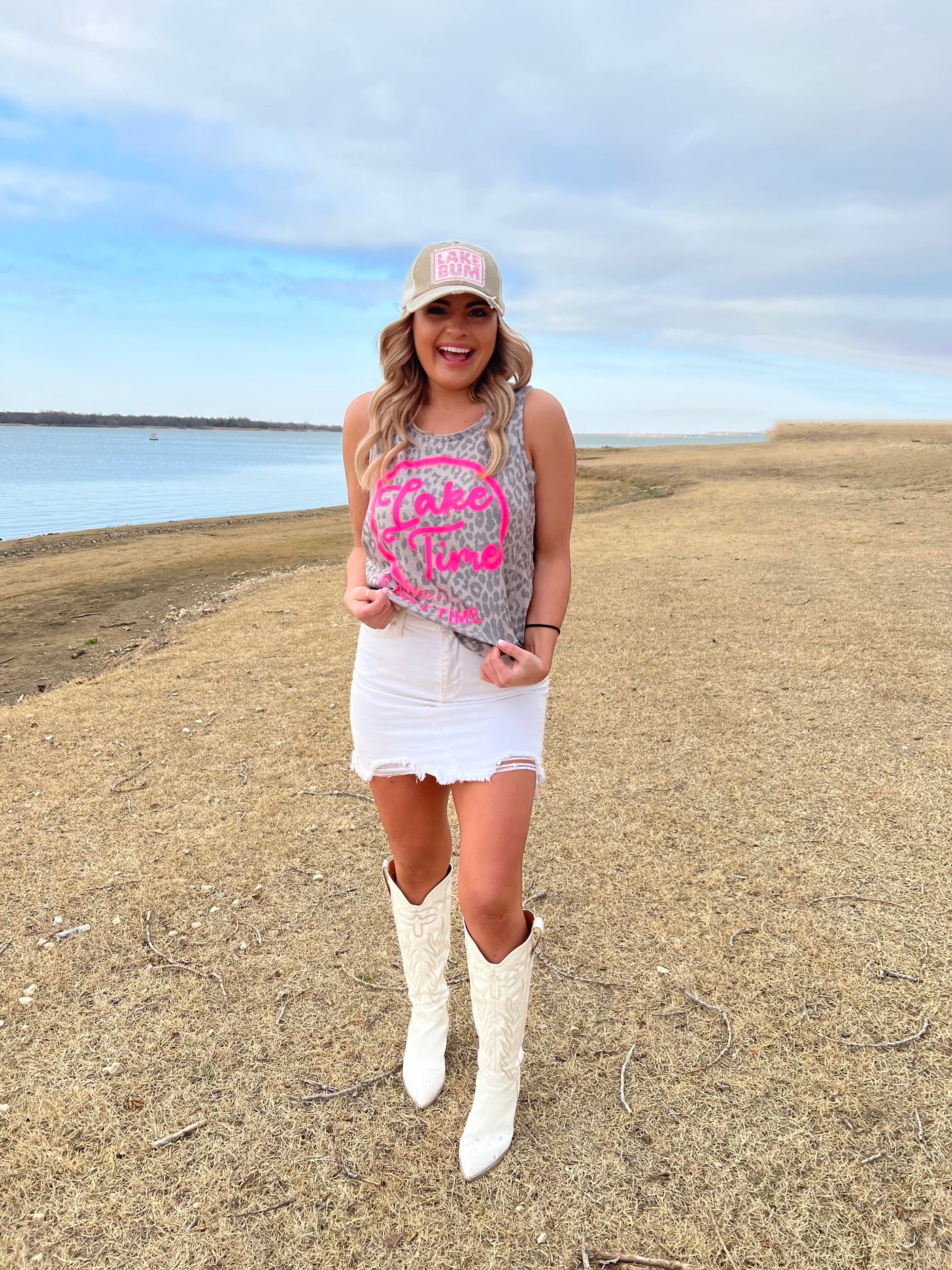 Lake Time is Tipsy Time on Vintage Leopard Tank