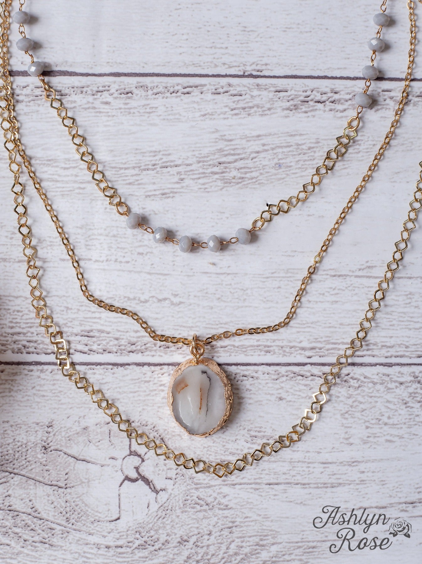 Sweet To Be Loved White Sliced Agate Gold Layered Necklace