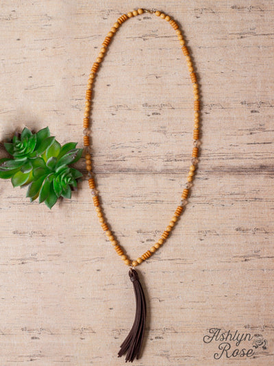 JUST A SMALL TOWN GAL LEATHER TASSEL WOOD BEADED NECKLACE