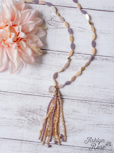 SWEET AND SIMPLE IRIDESCENT DRUZY QUARTZ BEADED TASSEL ON A PINK LAVENDER BEADED NECKLACE