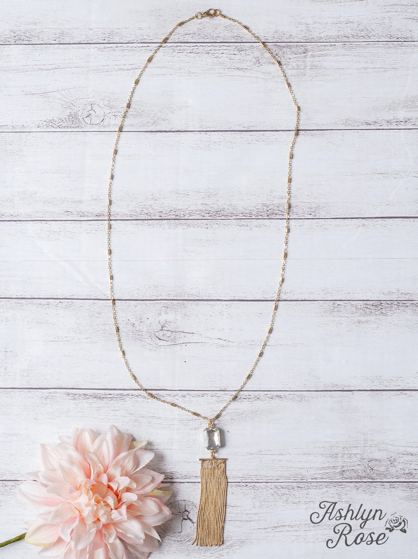 CATCH THE LIGHT SQUARE CRYSTAL GOLD FRINGE PENDANT ON A GOLD CHAIN NECKLACE