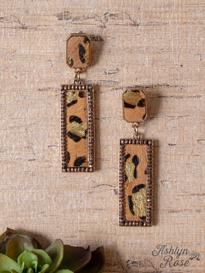 MY TIME TO SHINE RECTANGLE BROWN LEOPARD EARRINGS