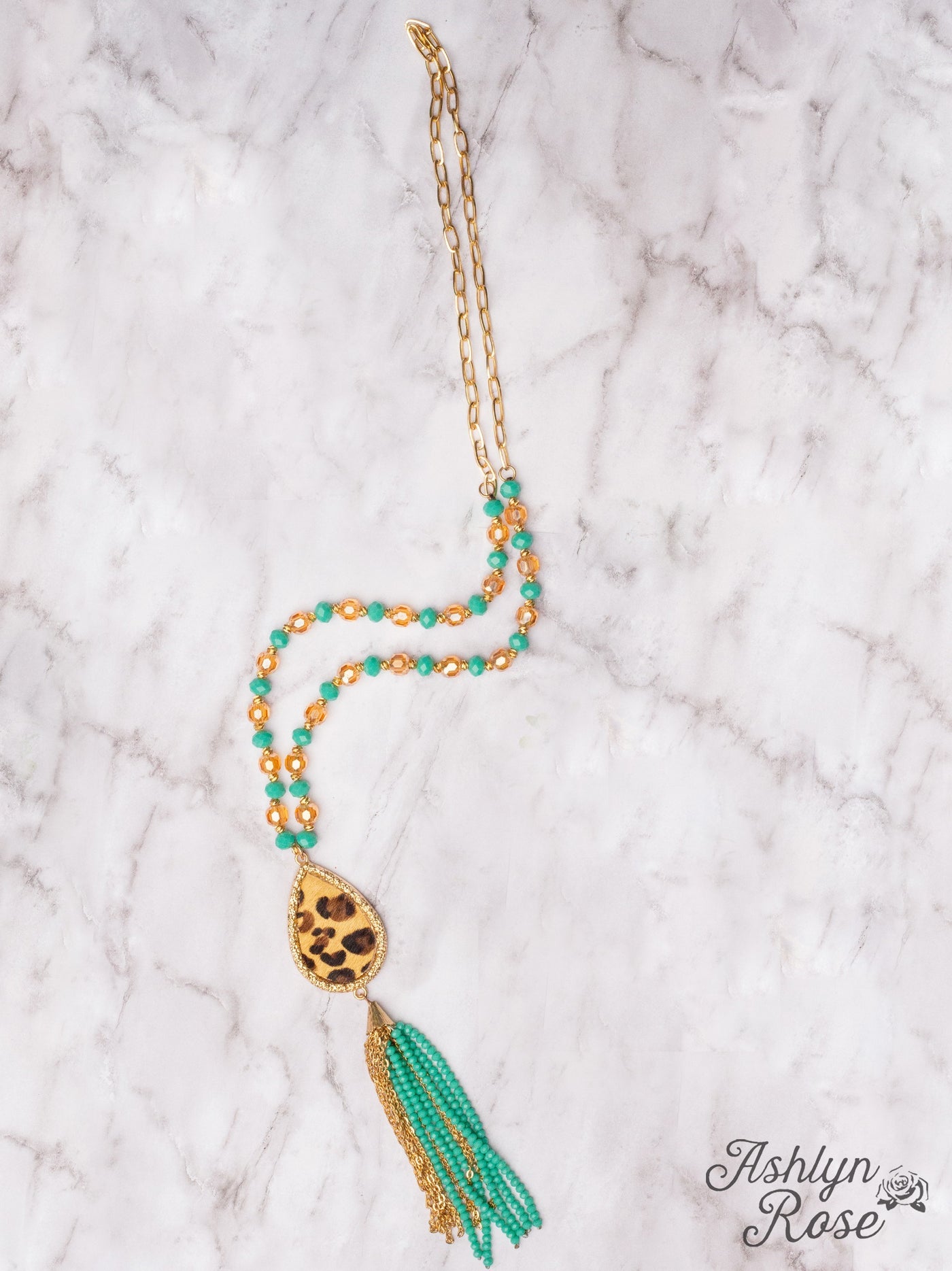 DON'T UNDERESTIMATE ME LEOPARD PENDANT WITH TURQUOISE BEADED TASSELS ON A CRYSTAL GOLD CHAIN NECKLACE