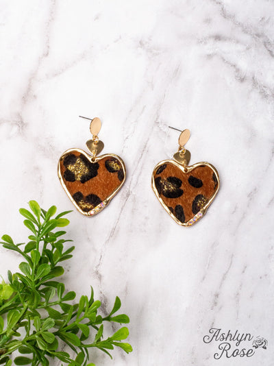 LOVE YOURSELF FIRST MOHAIR BROWN LEOPARD HEART PENDANT DANGLE EARRINGS