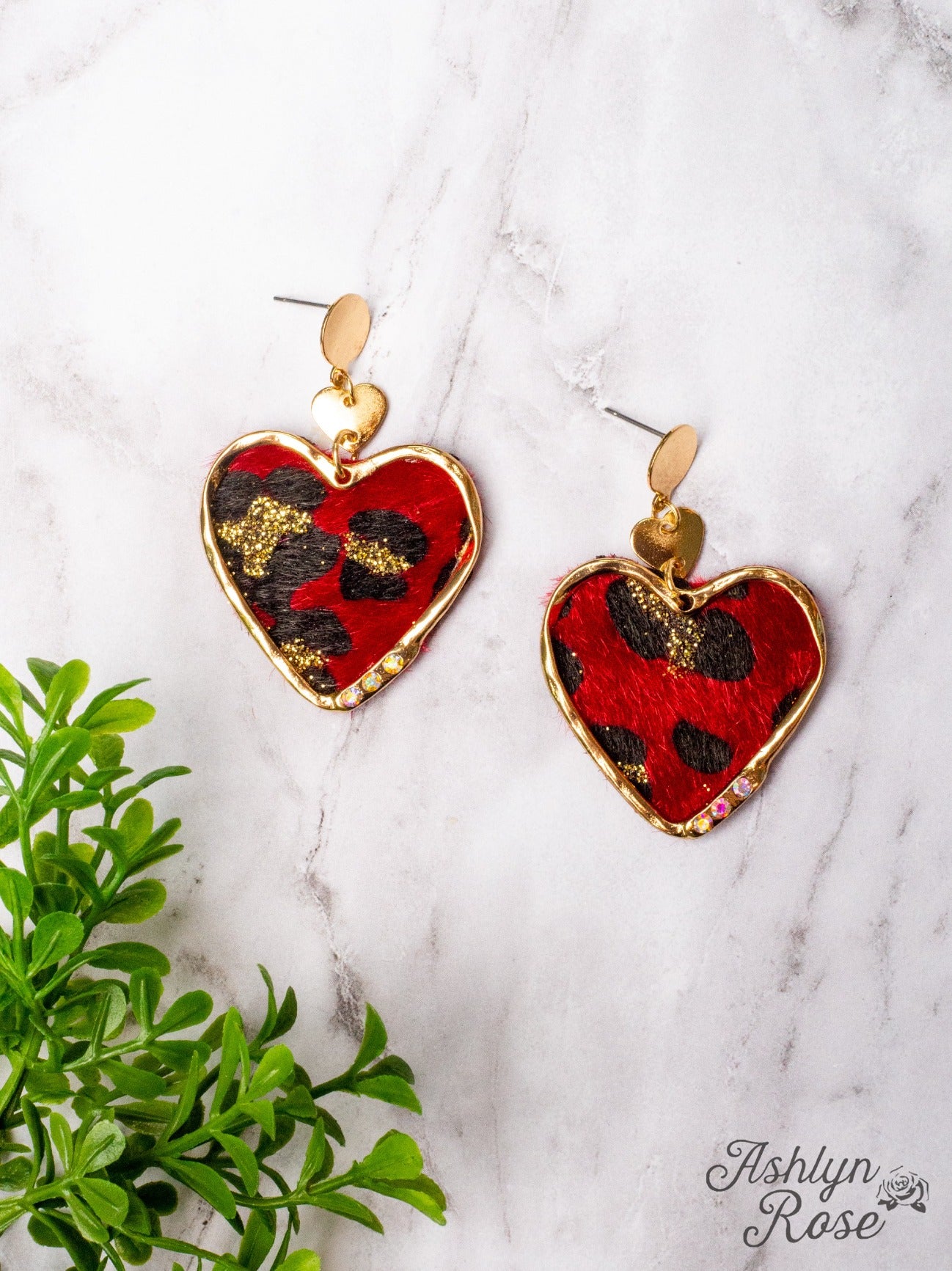 LOVE YOURSELF FIRST MOHAIR RED LEOPARD HEART PENDANT DANGLE EARRINGS