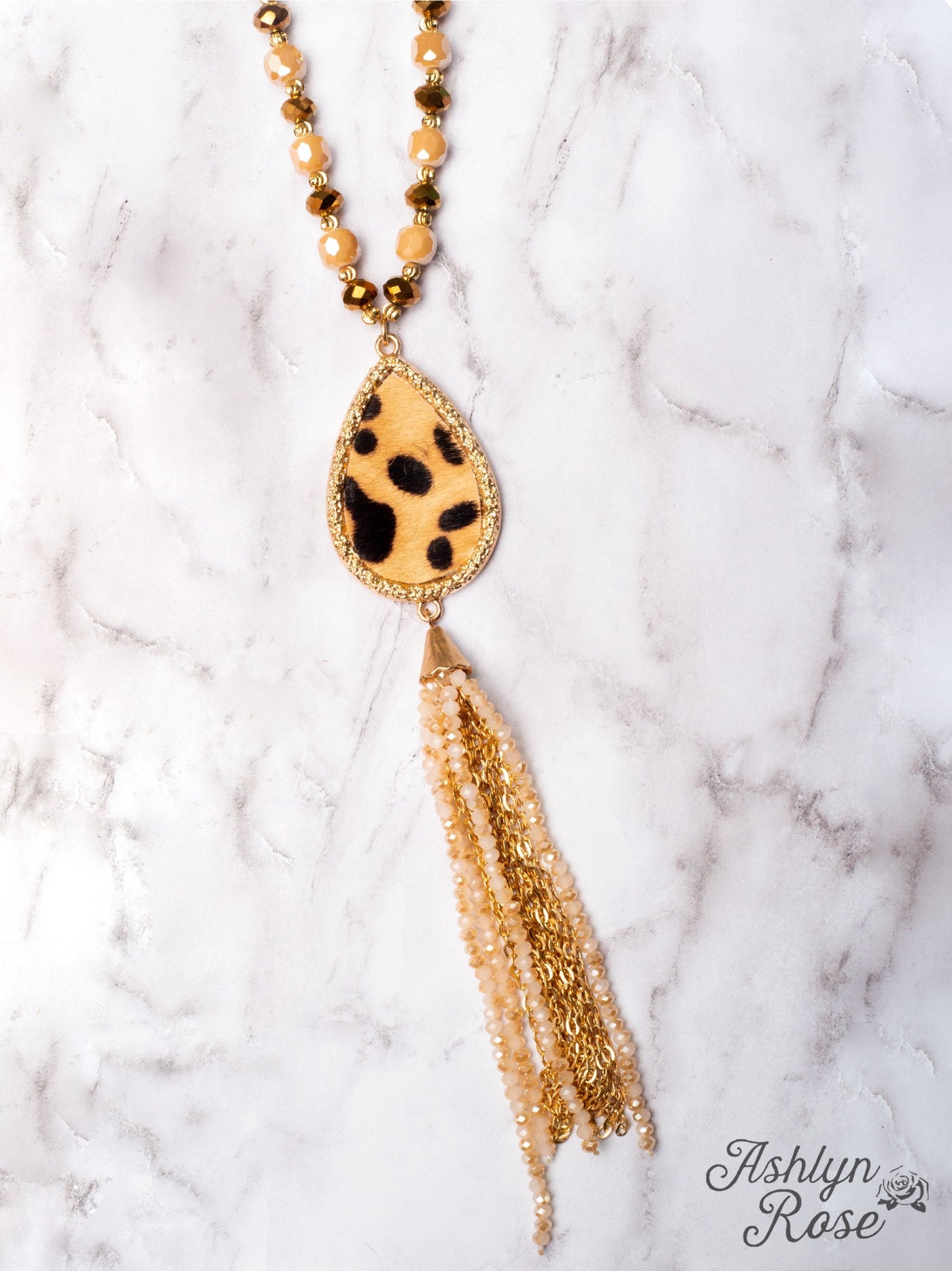 DON'T UNDERESTIMATE ME LEOPARD PENDANT WITH BEIGE BEADED TASSELS ON A CRYSTAL GOLD CHAIN NECKLACE