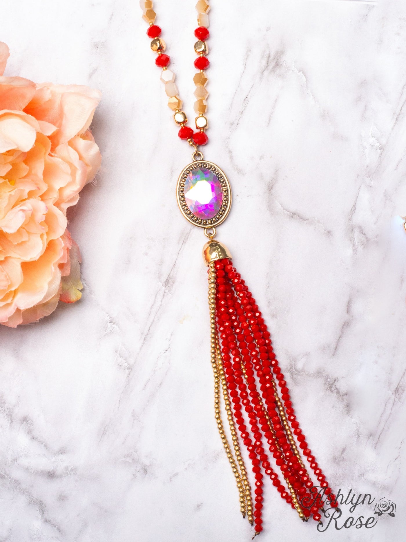 Crash My Party Iridescent Tassel Necklace, Red