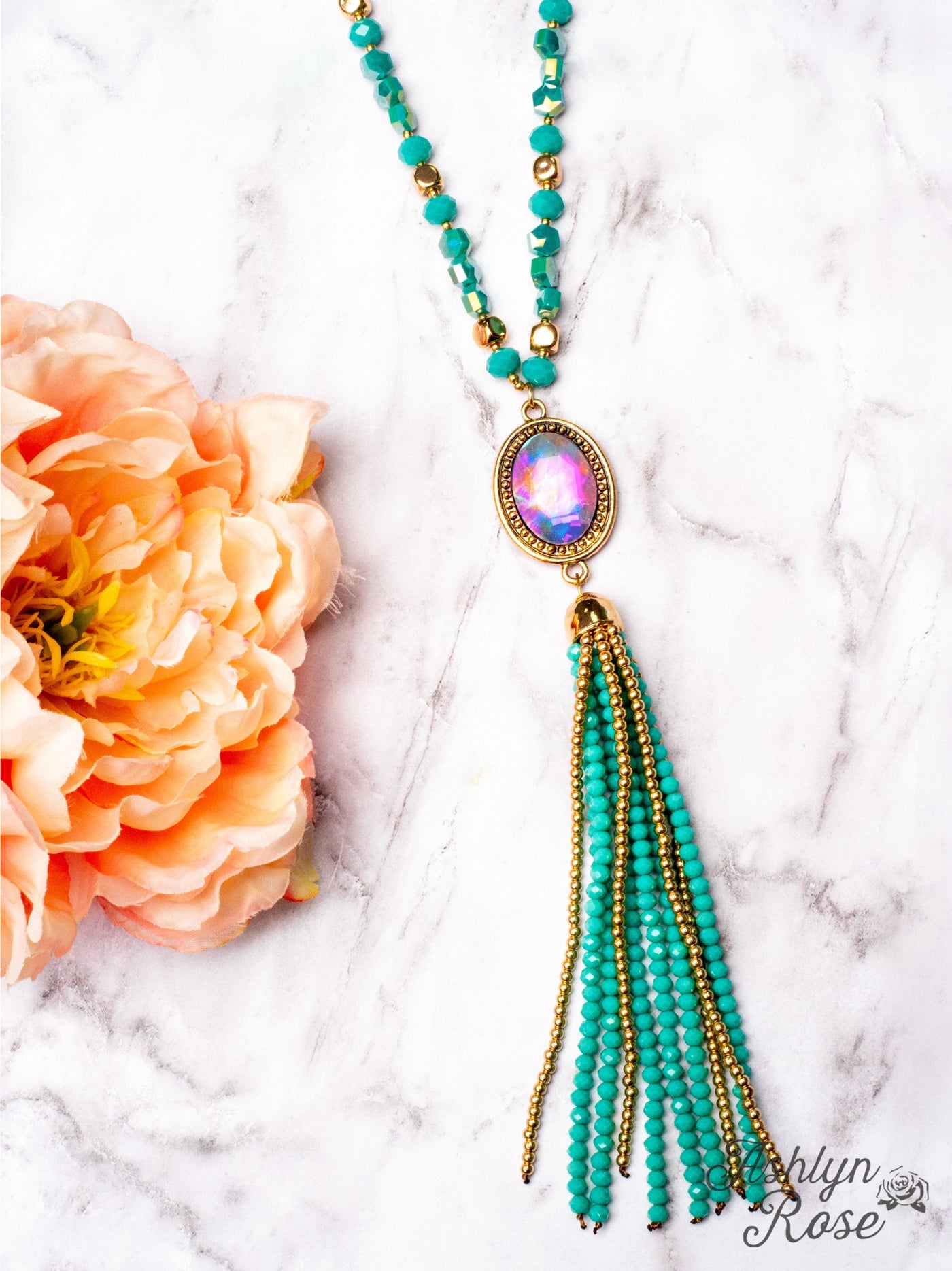 Crash My Party Iridescent Tassel Necklace, Turquoise