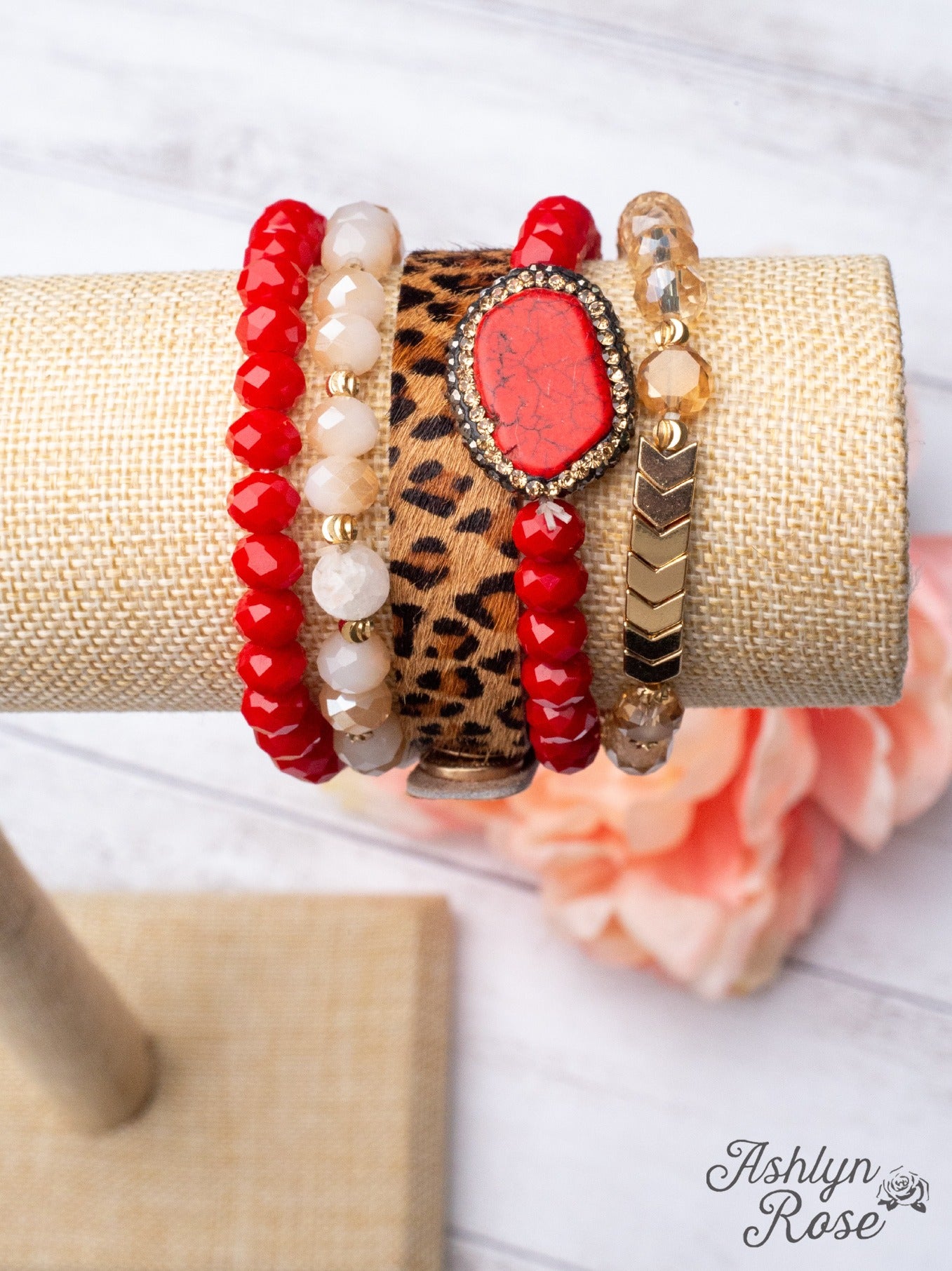 Whine and Dine Leopard and Red Five-Strand Bracelet Set