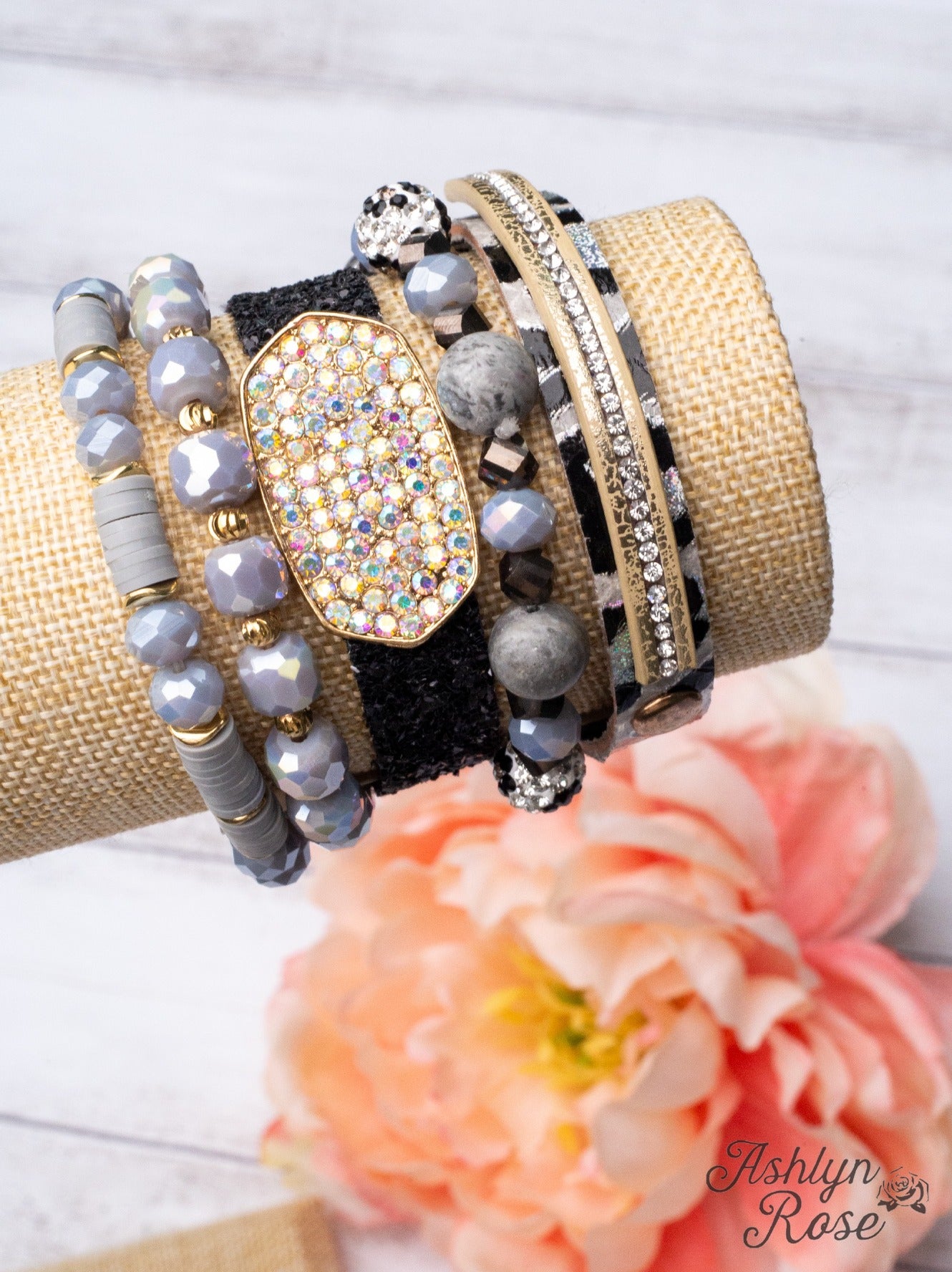 PLAY A LITTLE COUNTRY MUSIC GREY LEOPARD MIXED BEADS BRACELET SET