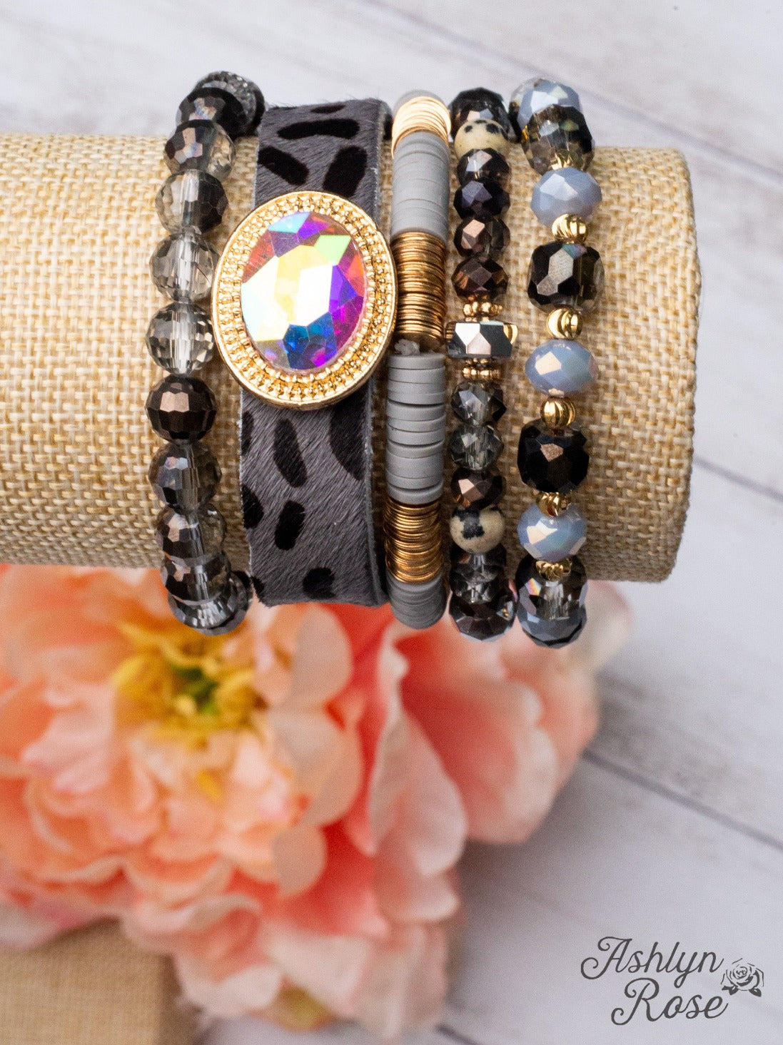 GIDDY UP COWGIRL GRAY LEOPARD MIXED BEADS BRACELET SET
