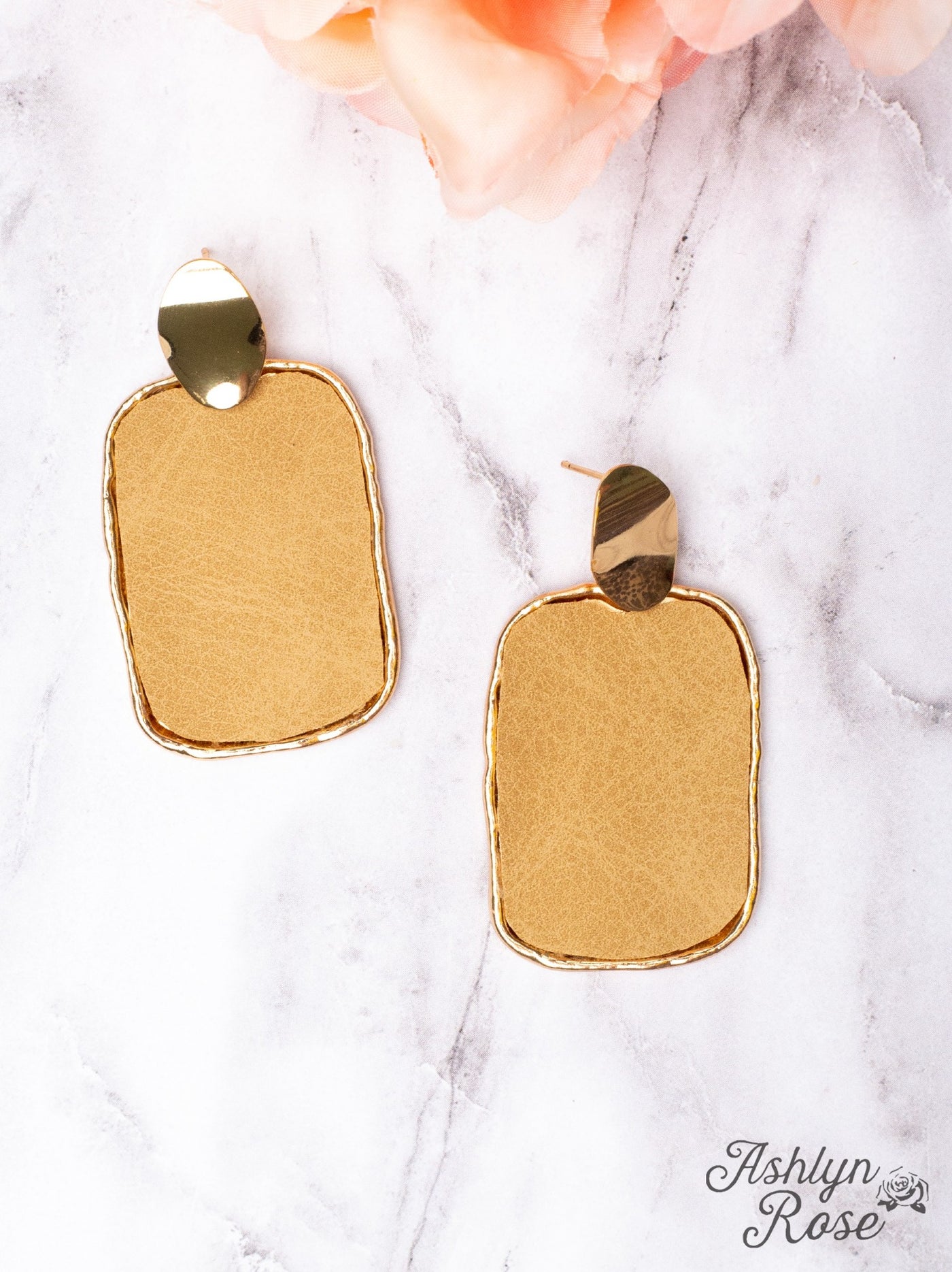 ONLY IN L.A TAN FAUX LEATHER SQUARE STUD EARRINGS