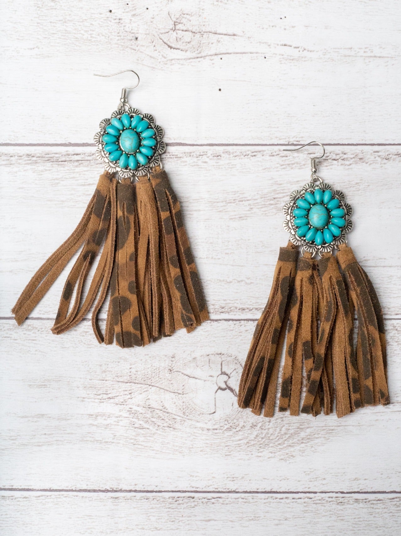 HOWDY BABE TURQUOISE FLORAL CONCHO VINTAGE LEOPARD TASSEL EARRINGS