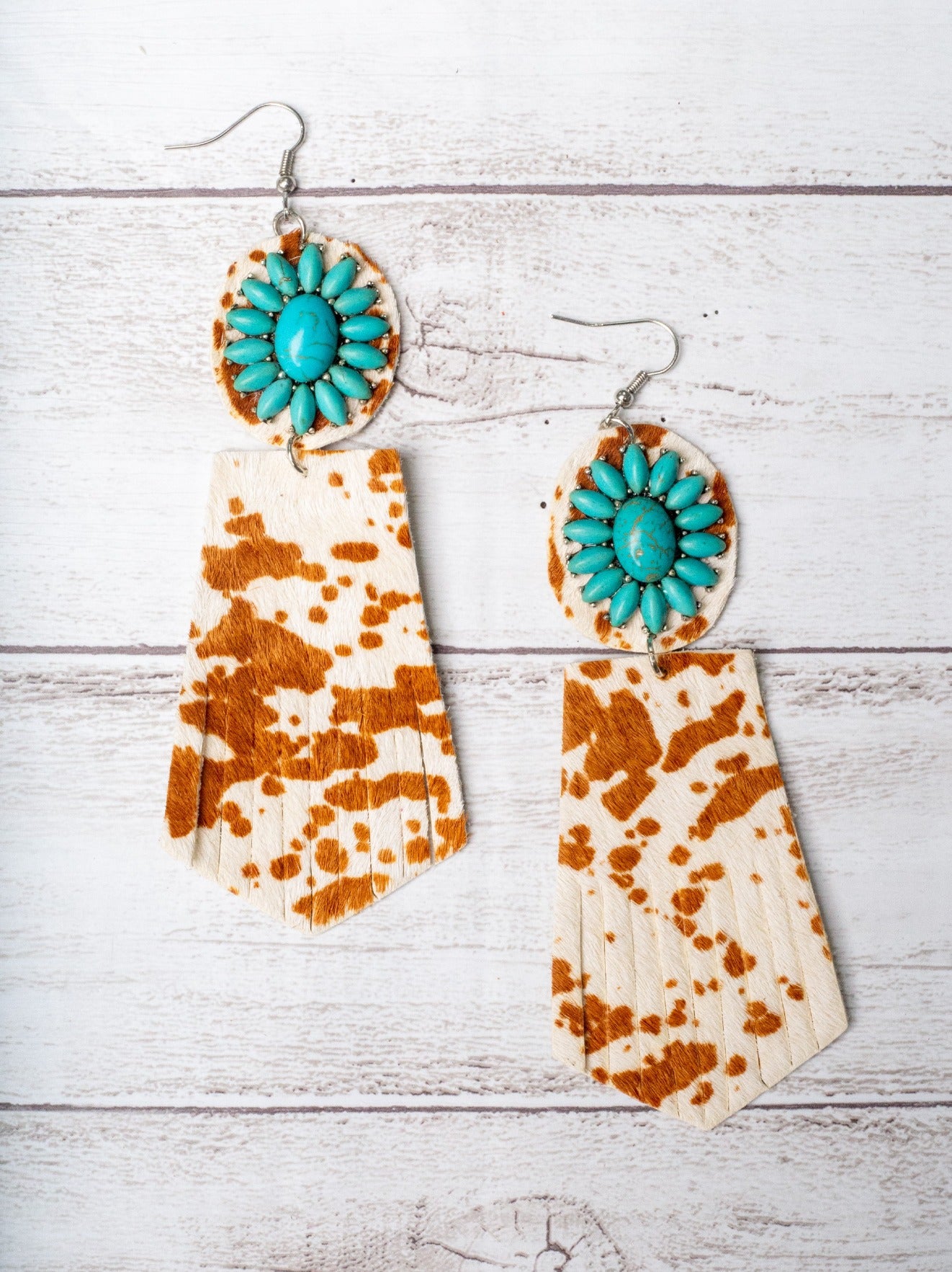 RODEO SWEETHEART TURQUOISE FLORAL CONCHO LIGHT BROWN COHIDE FRINGE EARRINGS