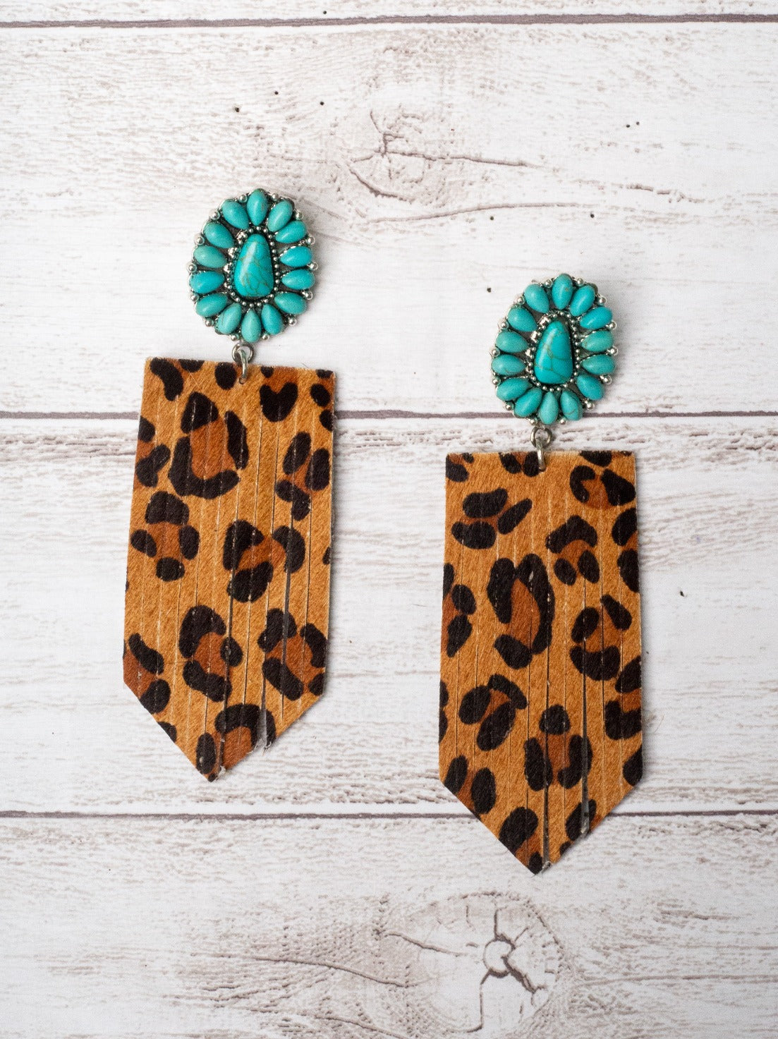 I'LL BE YOUR RANCH HAND TURQUOISE FLORAL CONCHO WITH BROWN LEOPARD FRINGE EARRINGS