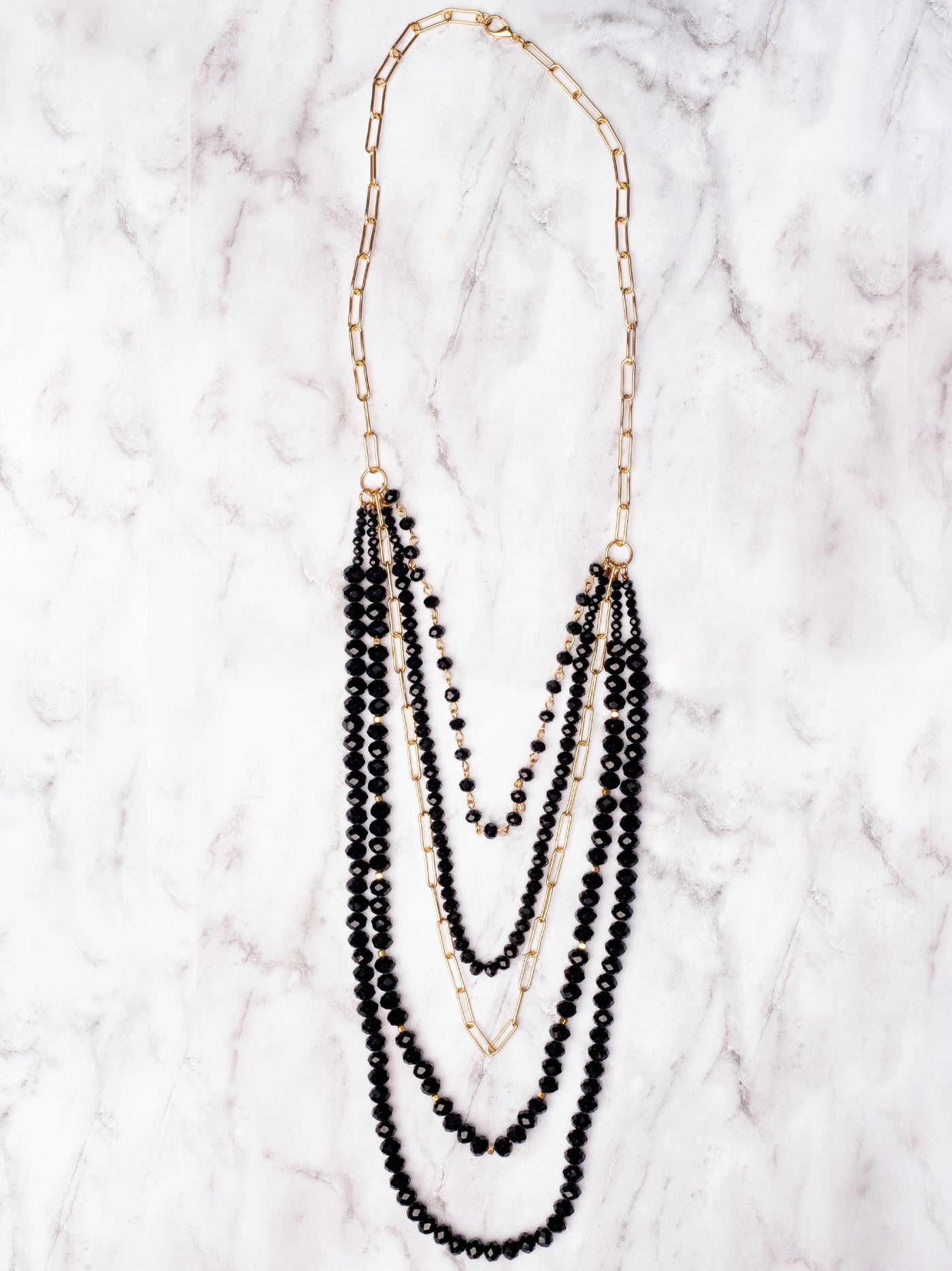 LATE NIGHTS IN NEW YORK CITY BLACK CRYSTAL LAYERED GOLD LINKED NECKLACE