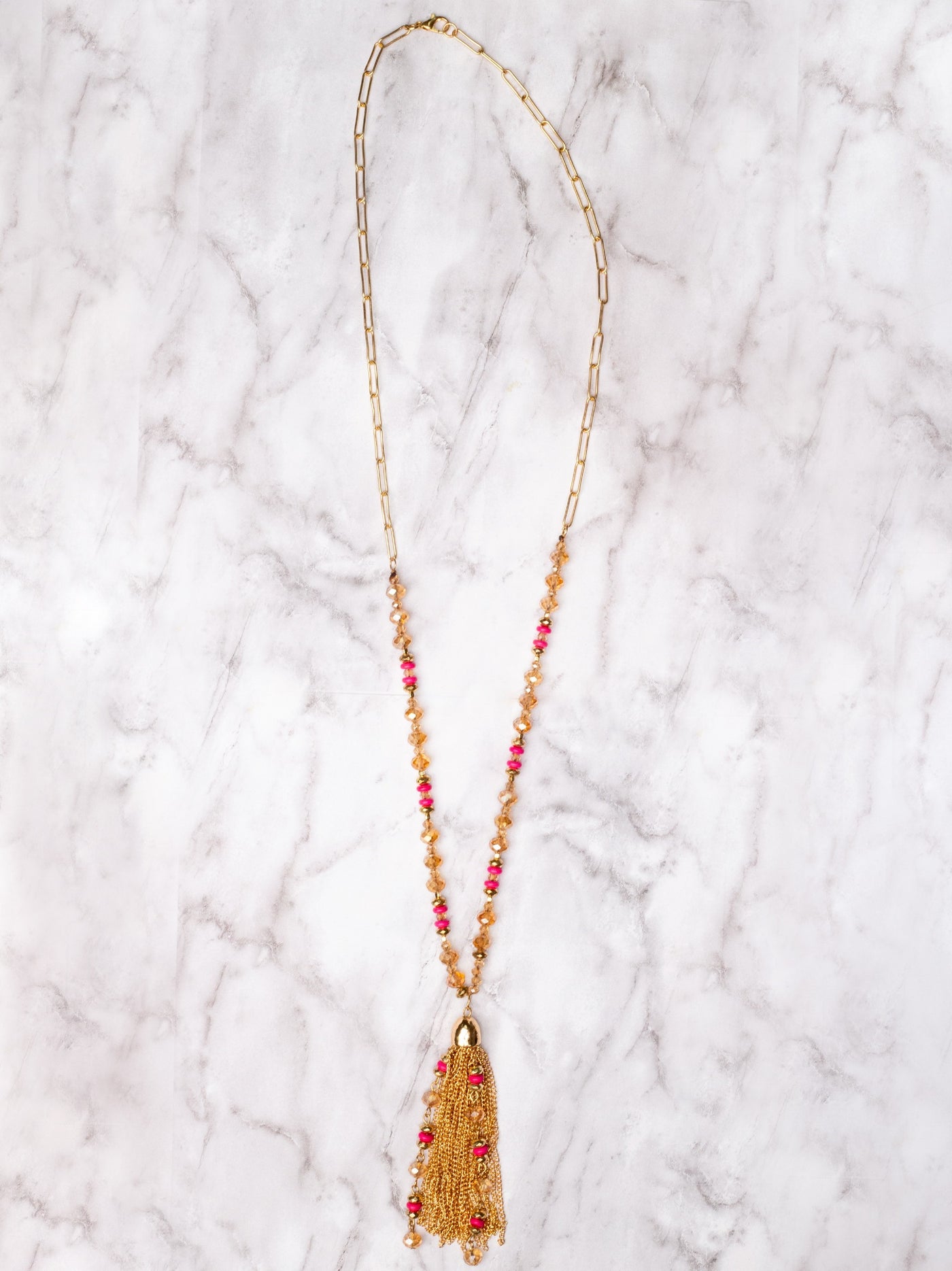 PINK COSMO GOLD CHAIN TASSEL ON A PINK GOLD CRYSTAL PAPERCLIP CHAIN NECKLACE
