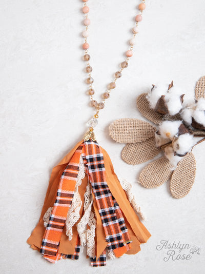 Touch of Beads Necklace with Plaid Fabric Tassel
