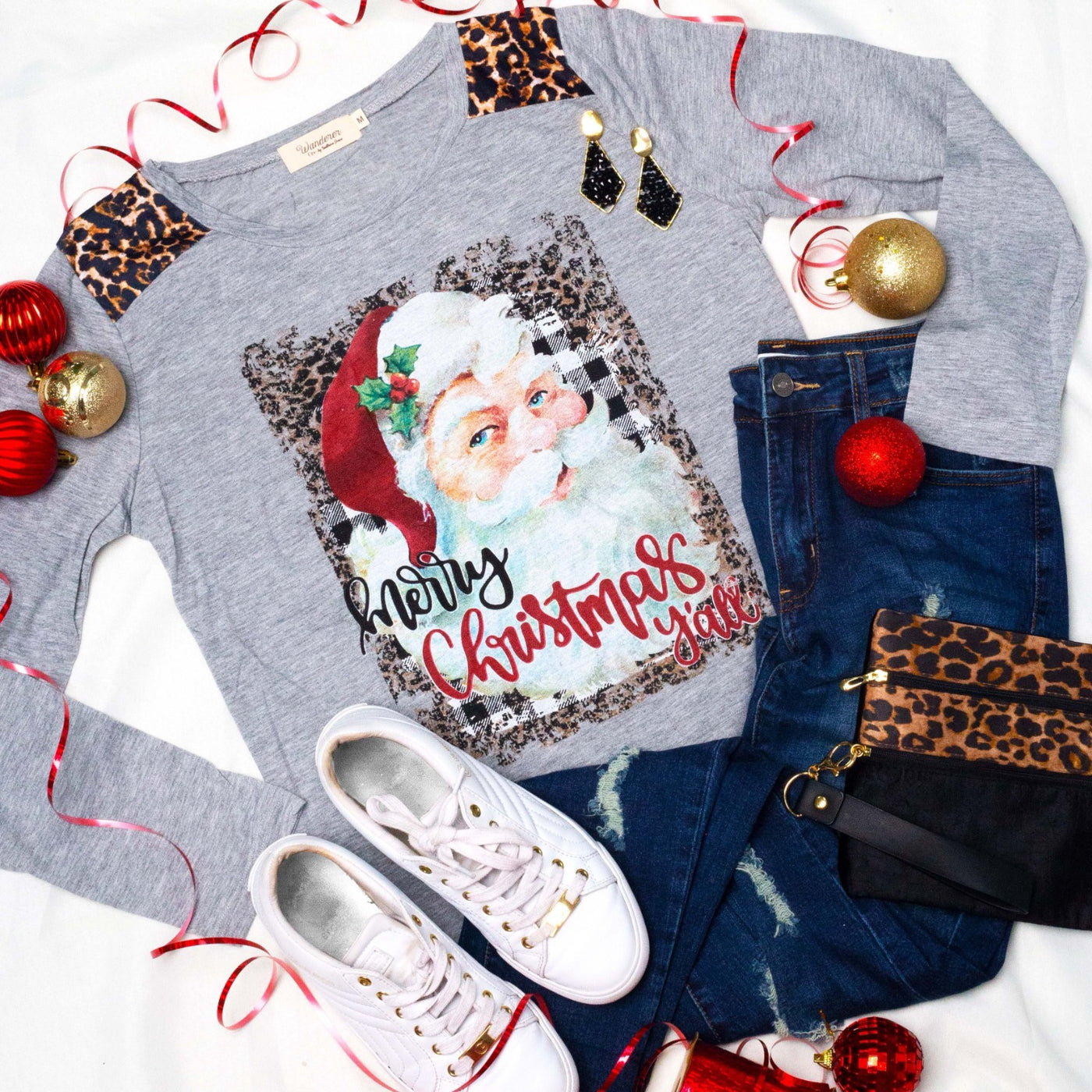 Merry Christmas Y'all Vintage Santa on Grey with Leopard Long Sleeve