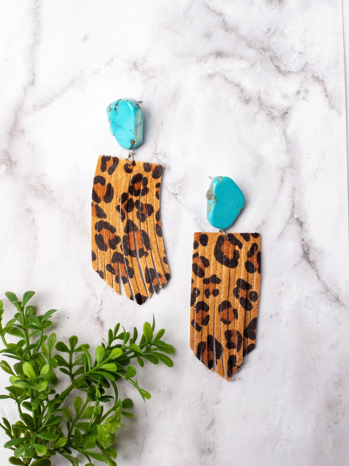 LET'S GO GIRLS TURQUOISE SLAB STUD WITH BROWN LEOPARD FRINGE EARRINGS
