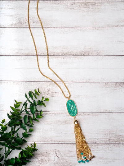 Turquoise Crystal Tassel Gold Necklace