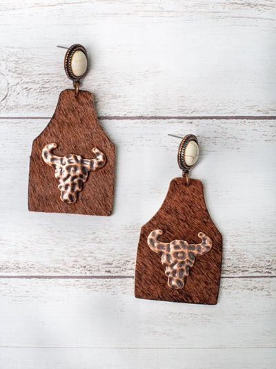 Take A Number Cowboy Brown Cowhide Cattle Tag Earrings with Copper Hammered Steers