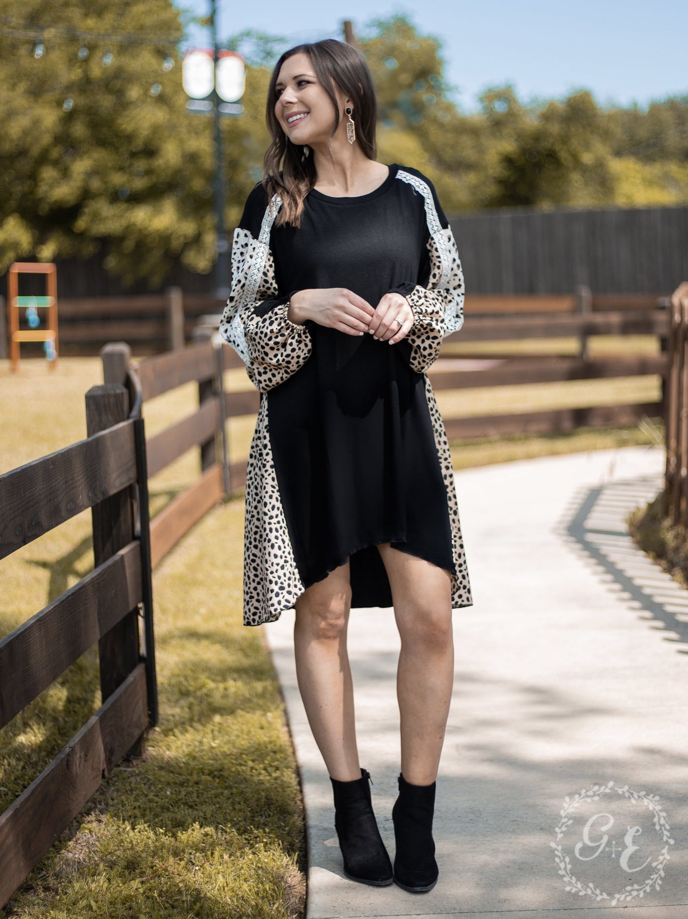Feelin' The Night High Low Dress With Leopard and Lace Long Sleeves And Leopard Side Print, Black