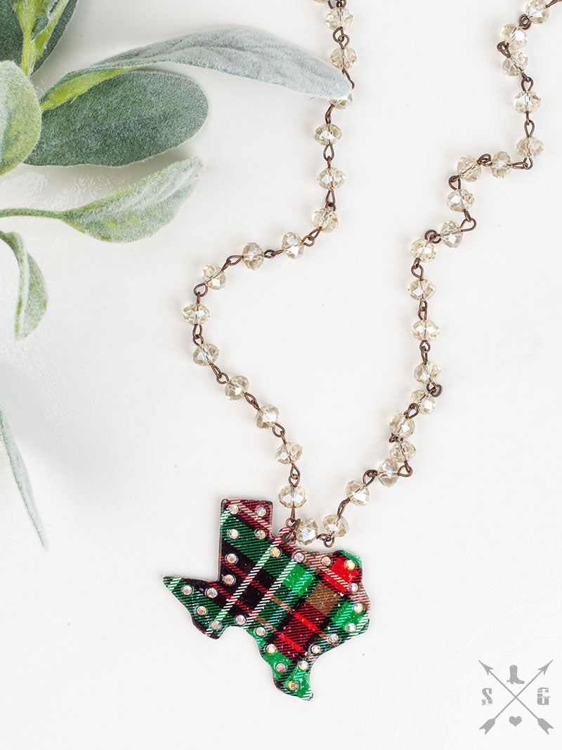 Red & Green Plaid Texas Necklace with AB Crystals