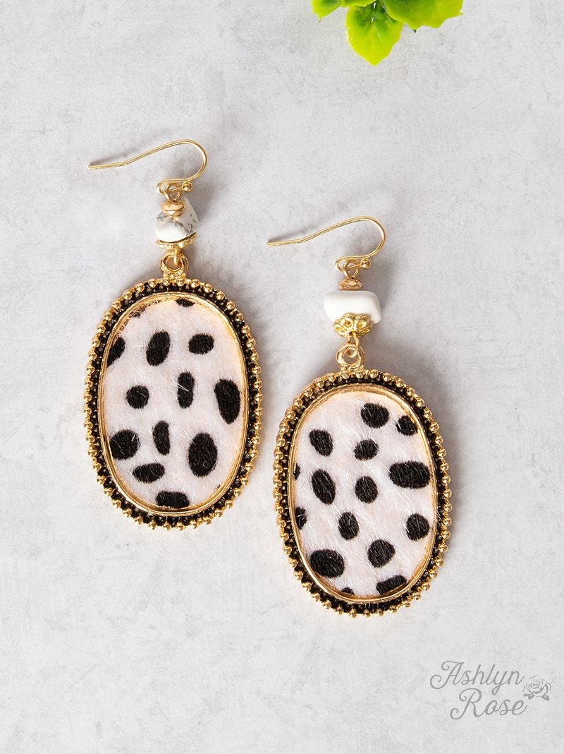 Furry with Stone Oval Earrings, Dalmatian