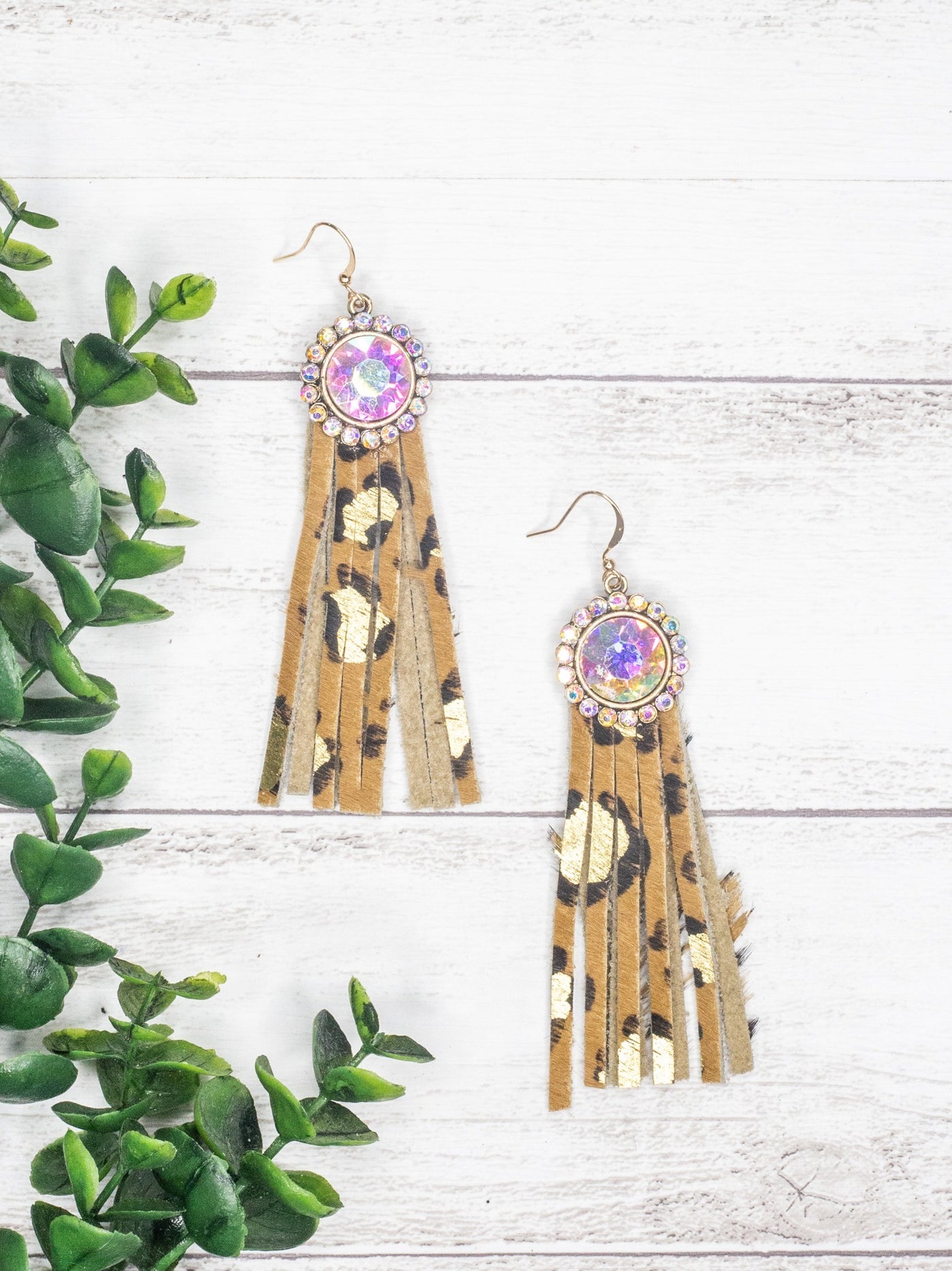 Texas Chica Floral Iridescent Crystal Leopard Fringe Earrings