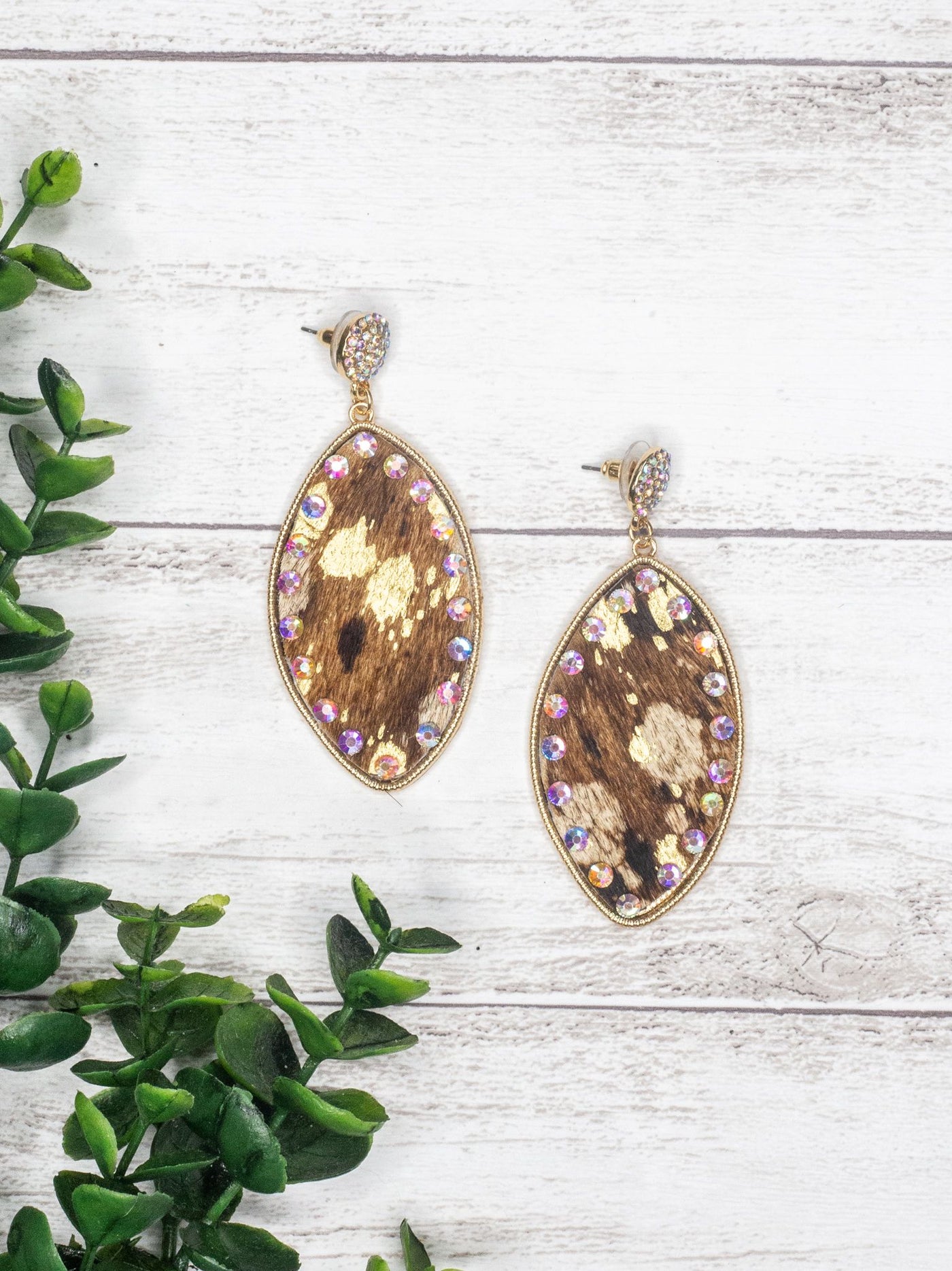 Buck Wild Rodeo Babe Gold Brown Cowhide Oval Crystal Earrings