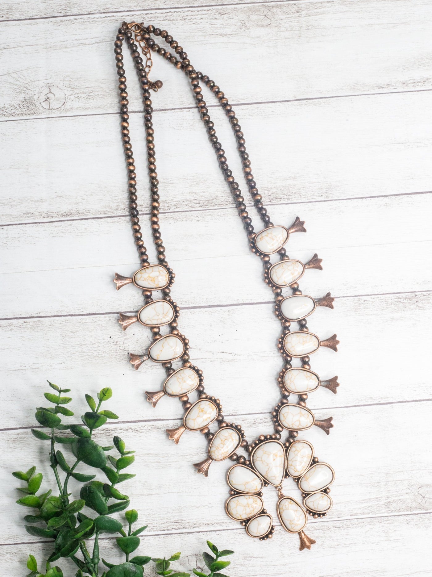 She Can't Be Tamed White Howlite Copper Squash Blossom Navajo Pearl Necklace
