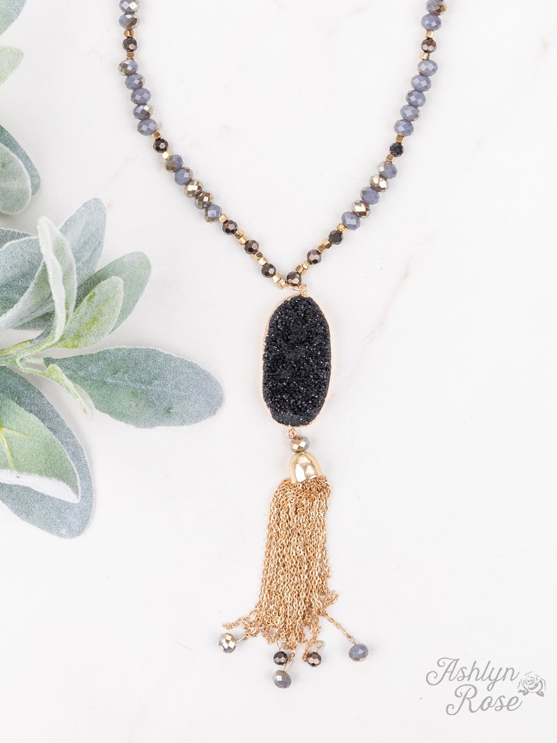 The Perfect Little Black Beaded Necklace with Black Druzy & Chain Tassel