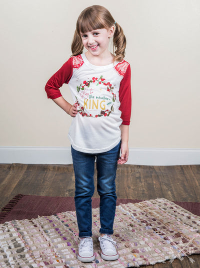 Girls' Glory to the Newborn King on White & Red Raglan with Lace Accent