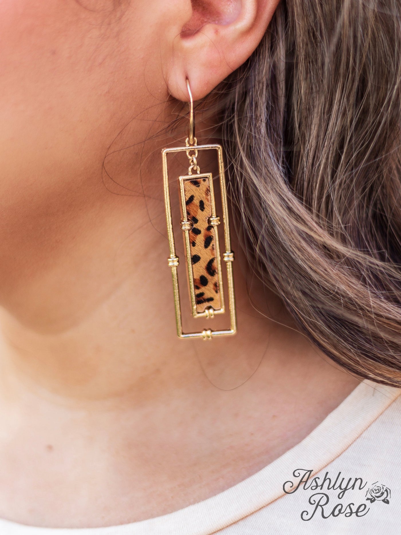 Think Outside Of The Frame Leopard And Gold Rectangular Earrings