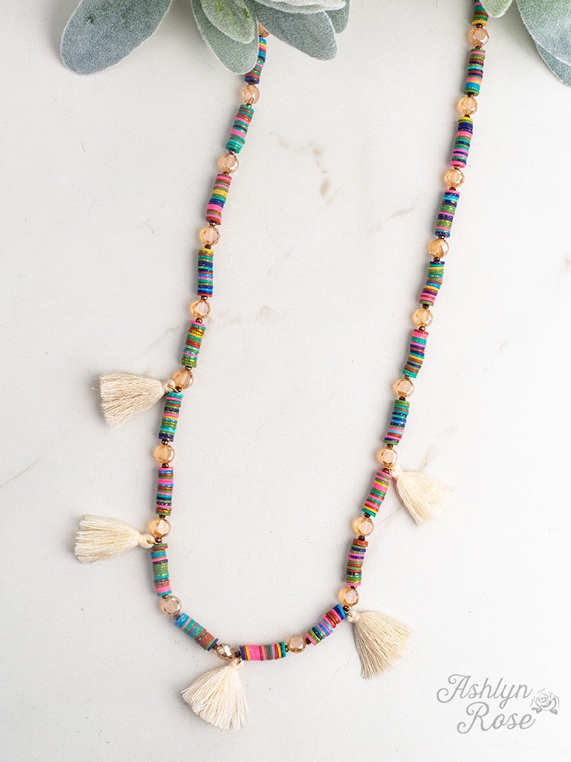 Summer Serape Necklace with Beige Tassels