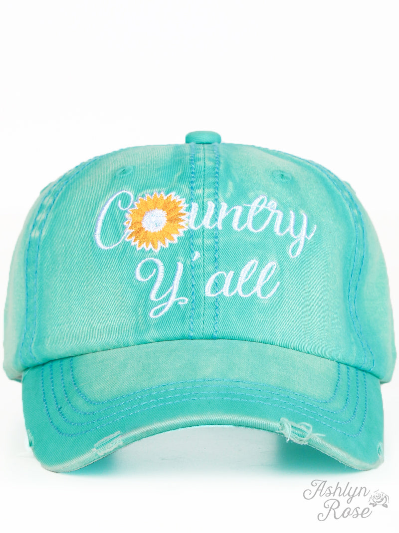 Country Y'all Embroidery on Distressed Turquoise Hat