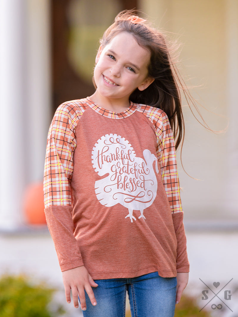 Girls' Thankful, Grateful, Blessed on Orange Longsleeve with Festive Plaid Accent