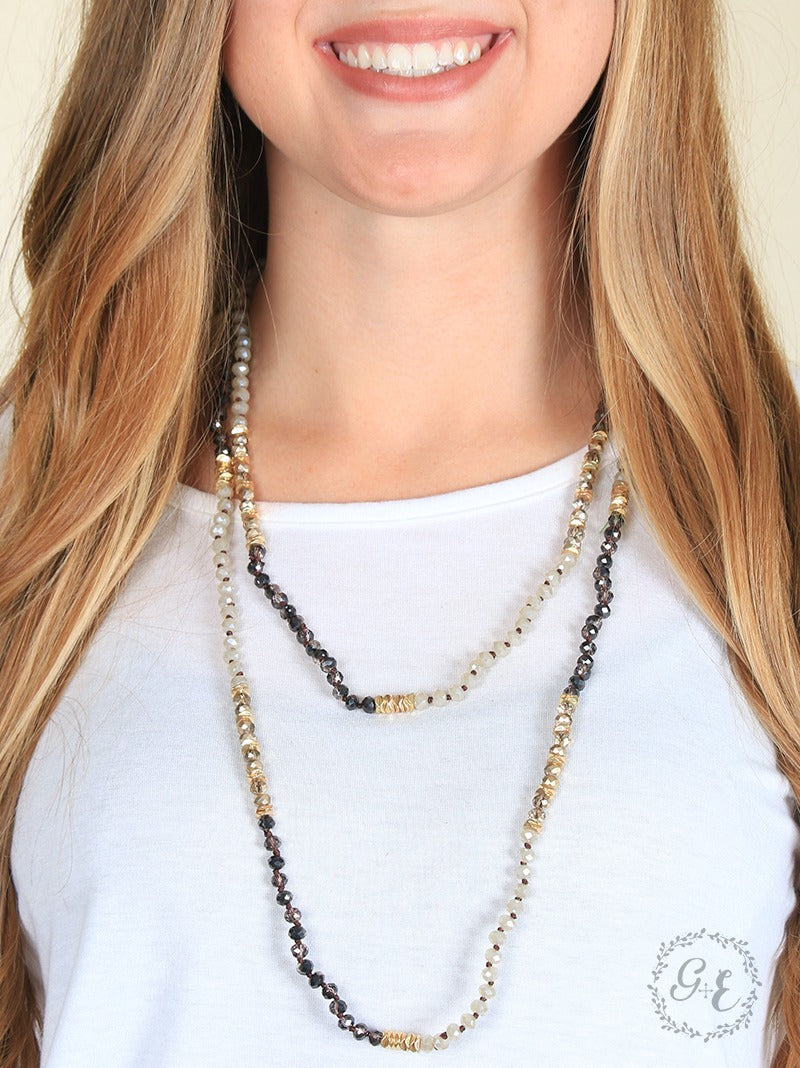 Knotted Crystal Beaded Necklace in Brown, Grey, and Gold