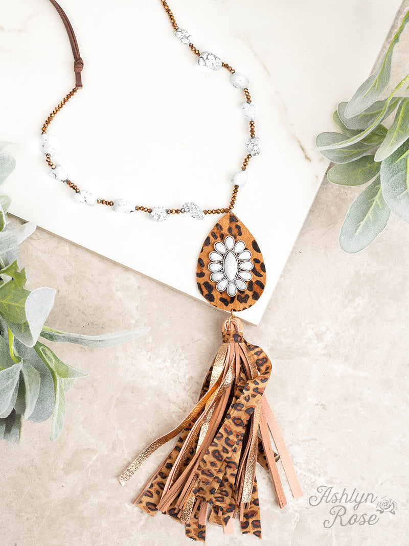 Set In Stone Leopard and Stone Nugget Tassel Necklace, White and Rose Gold