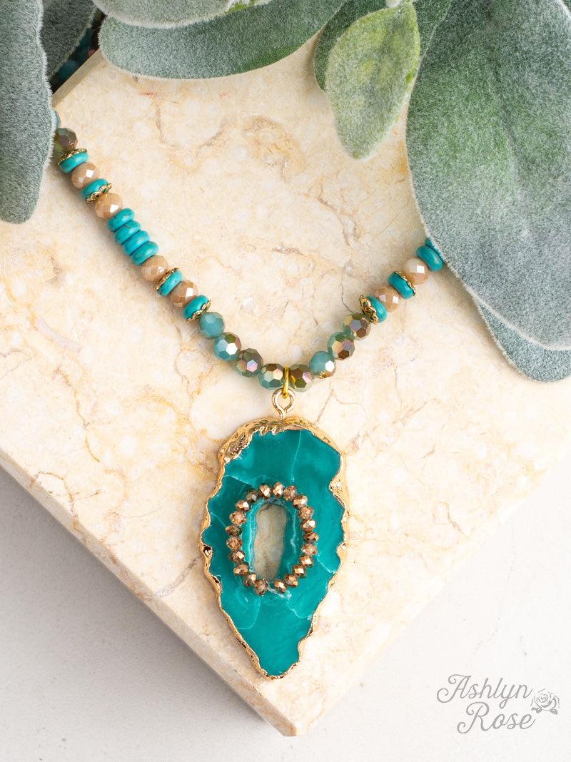 Just My Style Beaded Necklace with Turquoise Stone & Bead Pendant