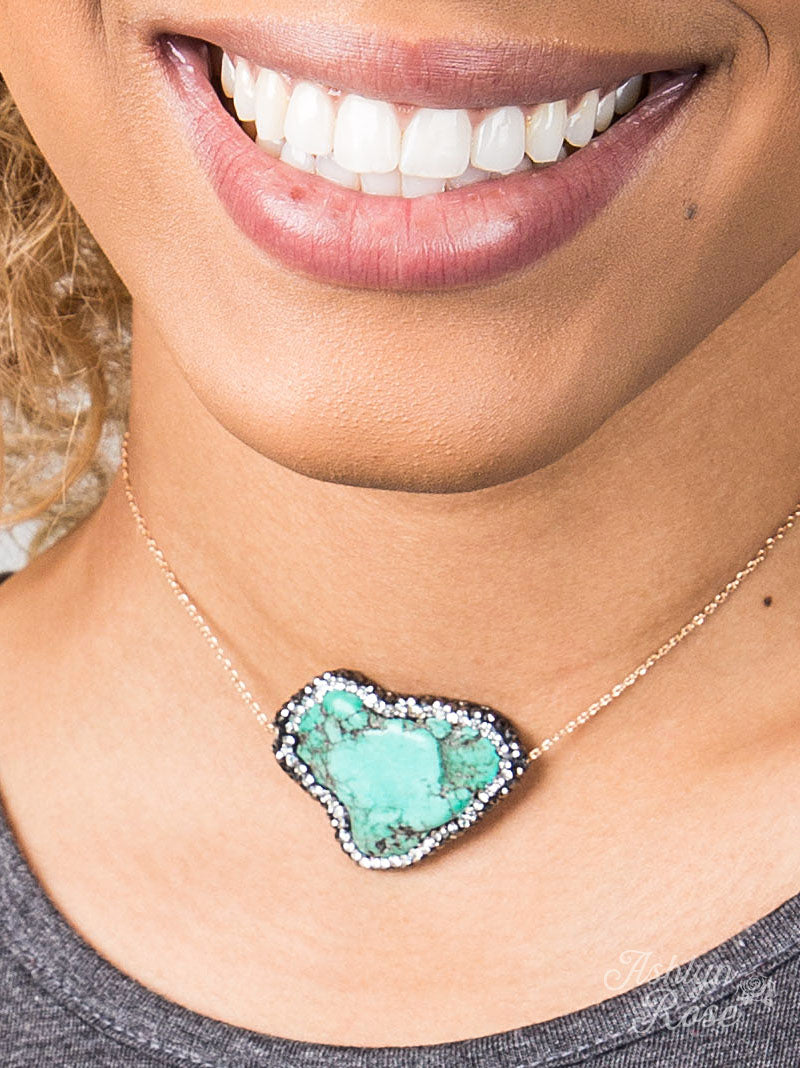 Turquoise Stone Pendant with Clear Crystal Accents on Gold Chain Choker