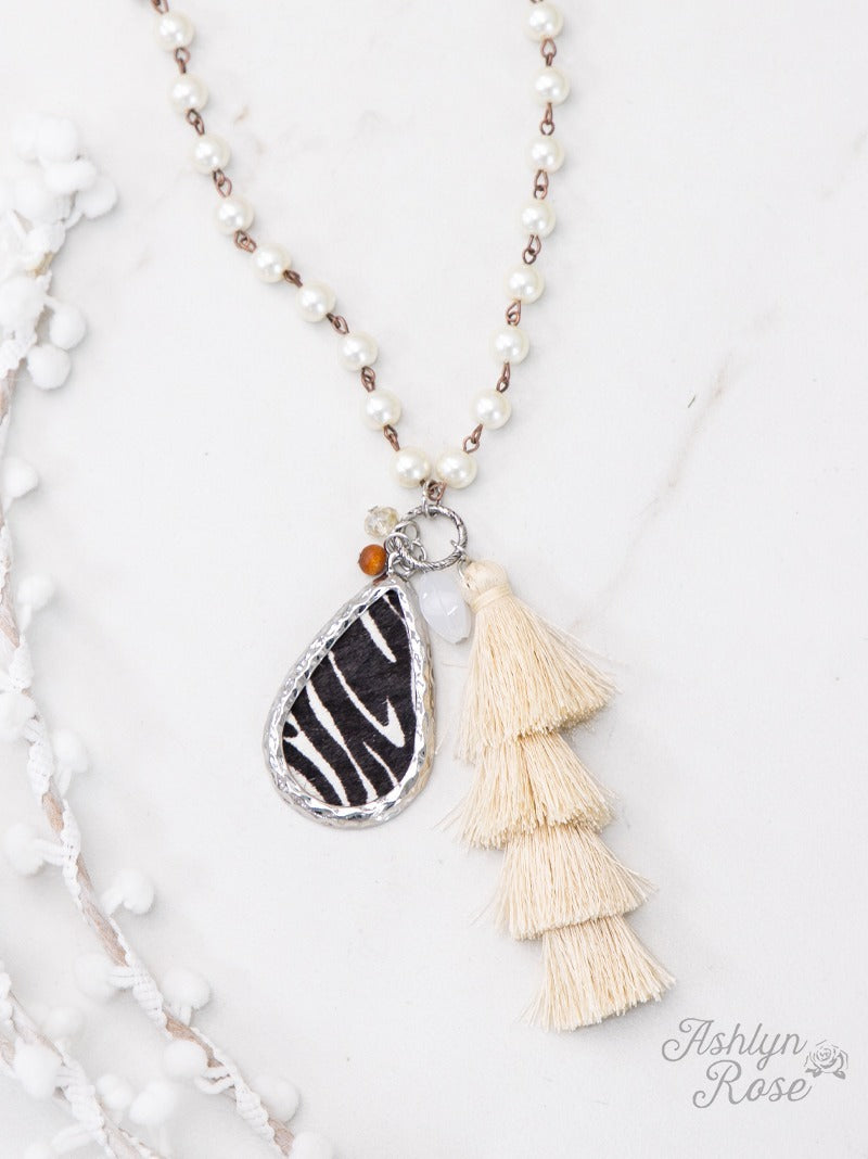 Queen of the Jungle Beaded Necklace with Cream Tassel & Zebra Pendant